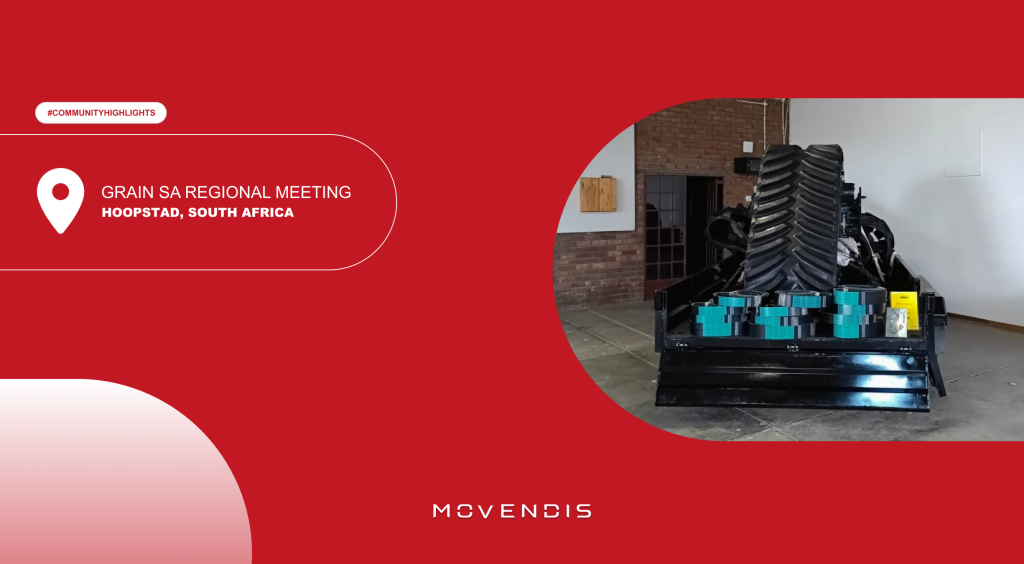 A red graphic features the text “Grain SA Regional Meeting, Hoopstad, South Africa”. To the right, a large harvester showcases a stack of Movendis Agricultural Belts in South Africa.