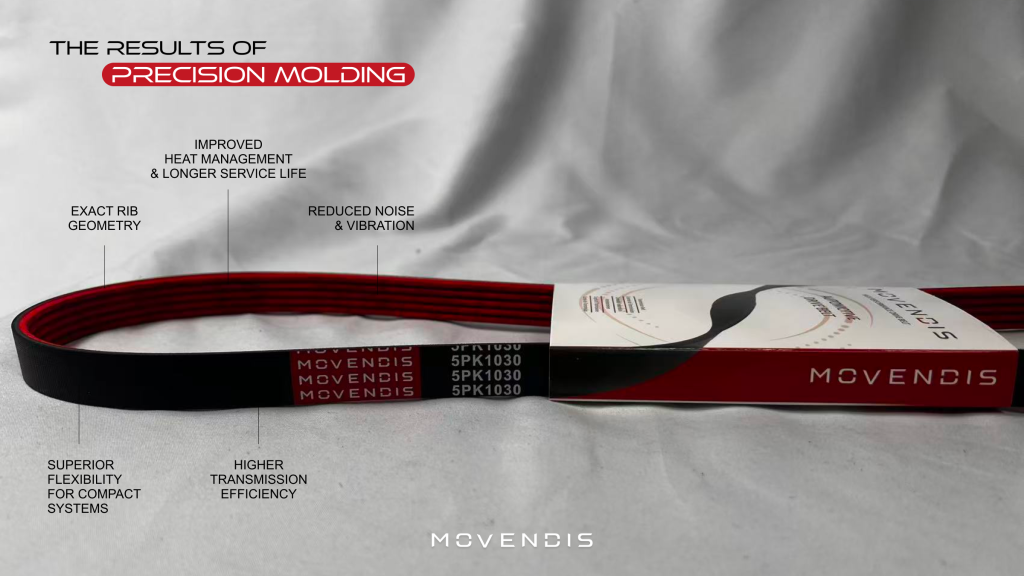 A red and black automotive belt on a gray surface, labeled "MOVENDIS." Text highlights benefits from molded ribbed belts: precision molding, heat management, reduced noise, rib geometry, flexibility, and efficiency.