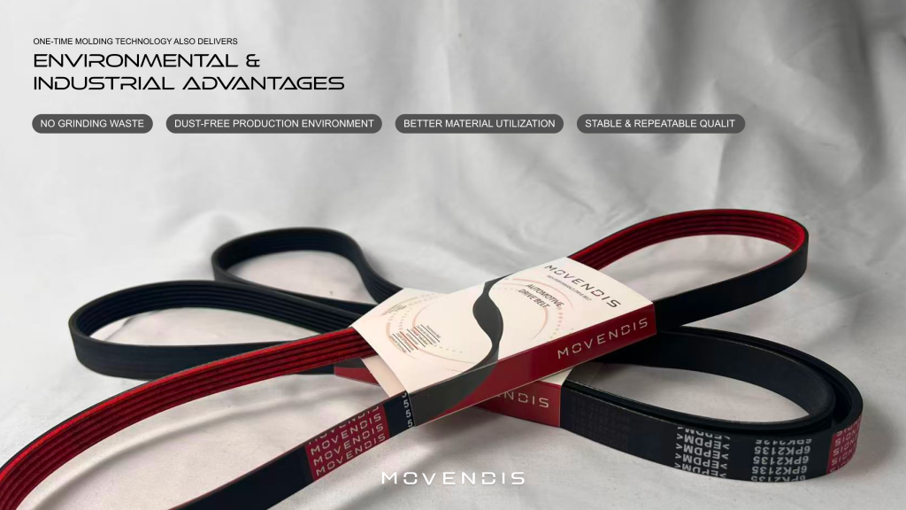 A pair of molded ribbed belts on a gray backdrop, with the "MOVENDIS" logo. Text highlights environmental and industrial advantages of one-time molding technology.