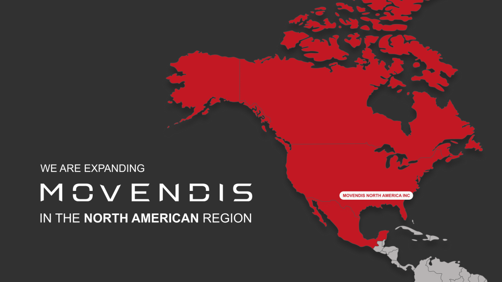 Red map of North America with 'Movendis North America' marked in Texas and text announcing expansion in the region.