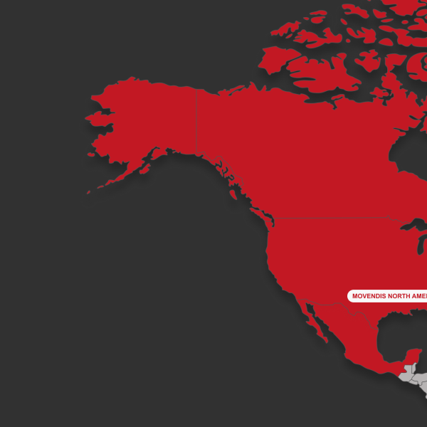 Red map of North America with 'Movendis North America' marked in the Texas region.